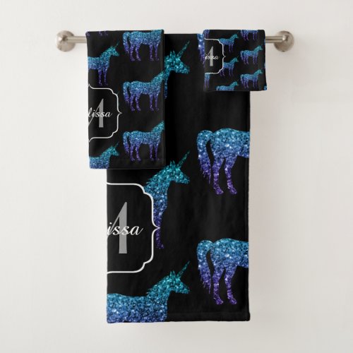 Unicorn Sparkles aqua blue ombre pattern Monogram Bath Towel Set