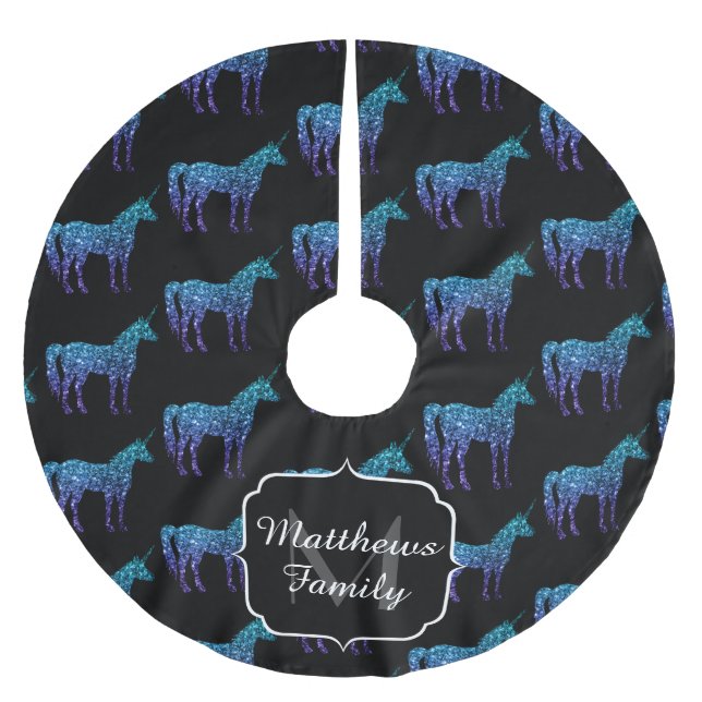Unicorn Sparkles aqua blue ombre pattern Monogram Brushed Polyester Tree Skirt (Front)