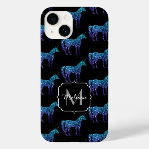 Unicorn Sparkles aqua blue ombre pattern Monogram Case_Mate iPhone 14 Case