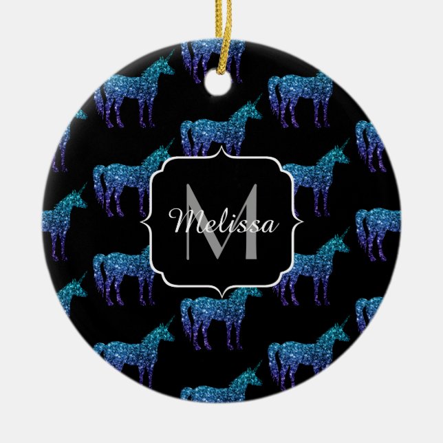 Unicorn Sparkles aqua blue ombre pattern Monogram Ceramic Ornament (Front)