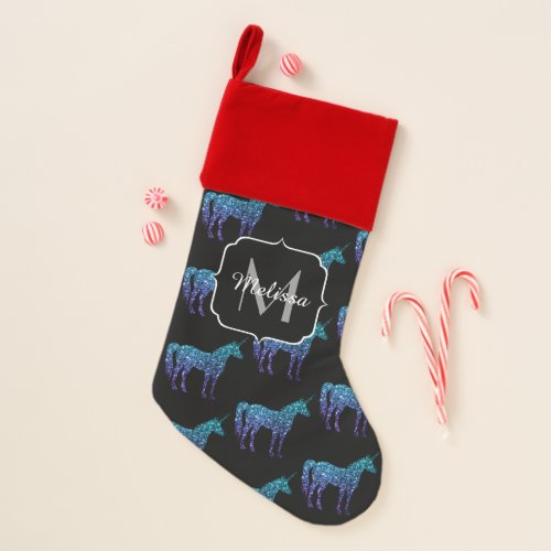 Unicorn Sparkles aqua blue ombre pattern Monogram Christmas Stocking