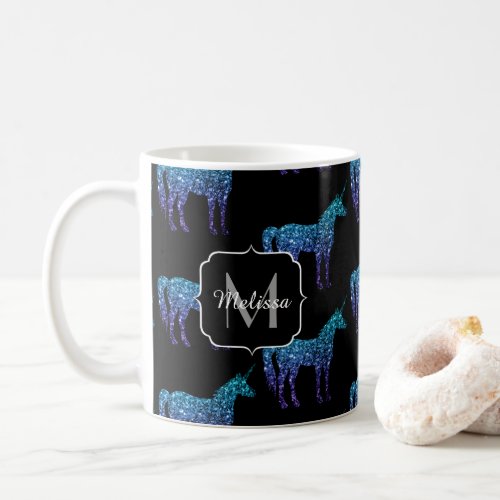 Unicorn Sparkles aqua blue ombre pattern Monogram Coffee Mug