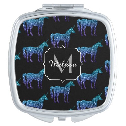 Unicorn Sparkles aqua blue ombre pattern Monogram Compact Mirror