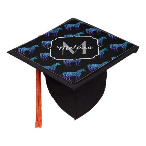 Unicorn Sparkles aqua blue ombre pattern Monogram Graduation Cap Topper