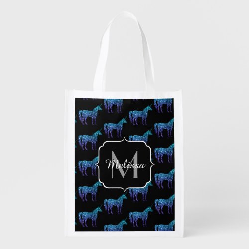 Unicorn Sparkles aqua blue ombre pattern Monogram Grocery Bag