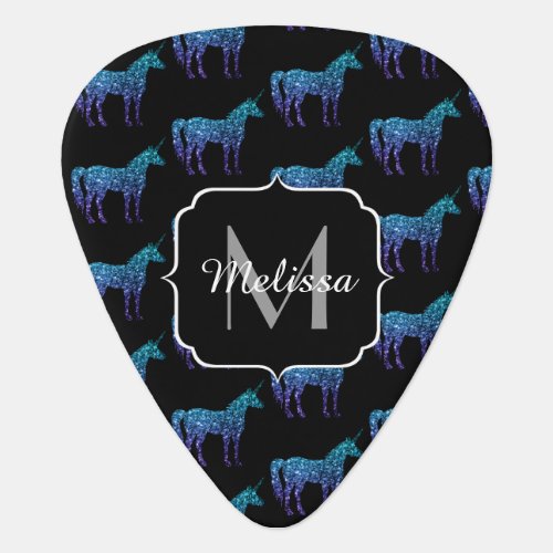 Unicorn Sparkles aqua blue ombre pattern Monogram Guitar Pick