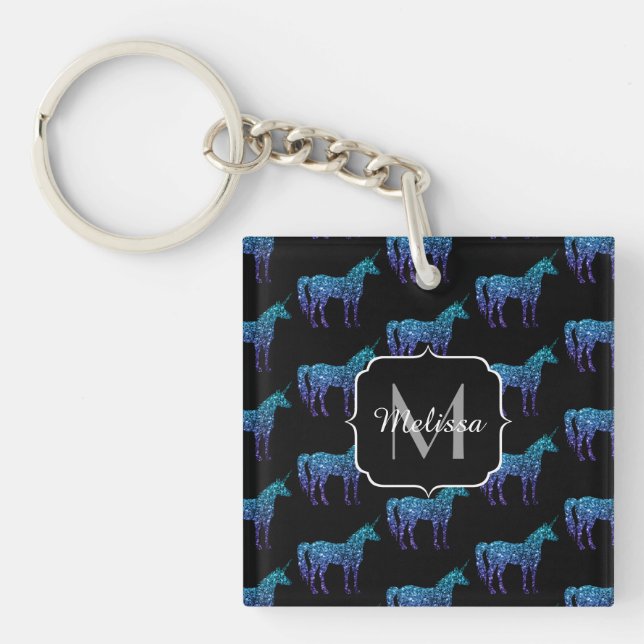 Unicorn Sparkles aqua blue ombre pattern Monogram Keychain (Front)
