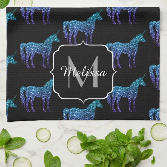 Unicorn Sparkles aqua blue ombre pattern Monogram Kitchen Towel (Folded)