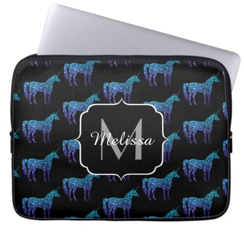 Unicorn Sparkles aqua blue ombre pattern Monogram Laptop Sleeve