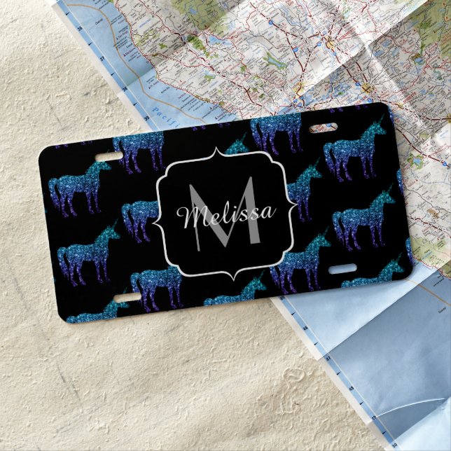 Unicorn Sparkles aqua blue ombre pattern Monogram License Plate (In Situ)