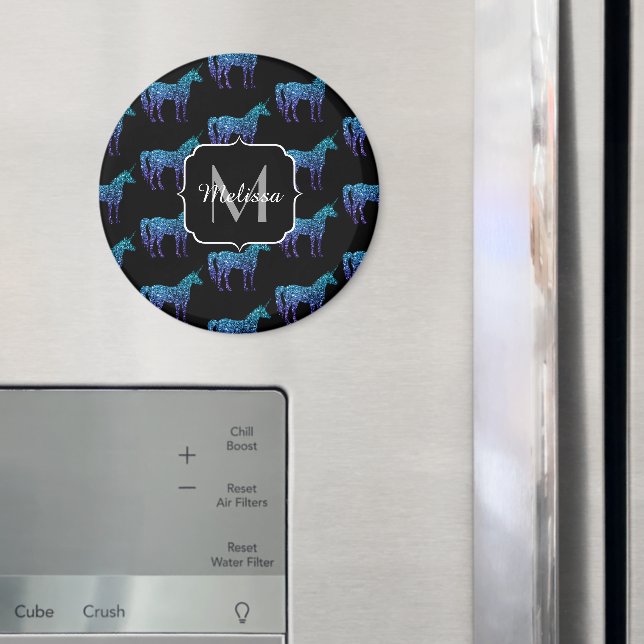Unicorn Sparkles aqua blue ombre pattern Monogram Magnet (In Situ (Fridge))