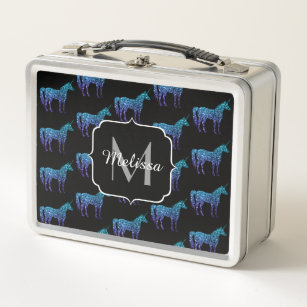 Unicorn Sparkles aqua blue ombre pattern Monogram Metal Lunch Box