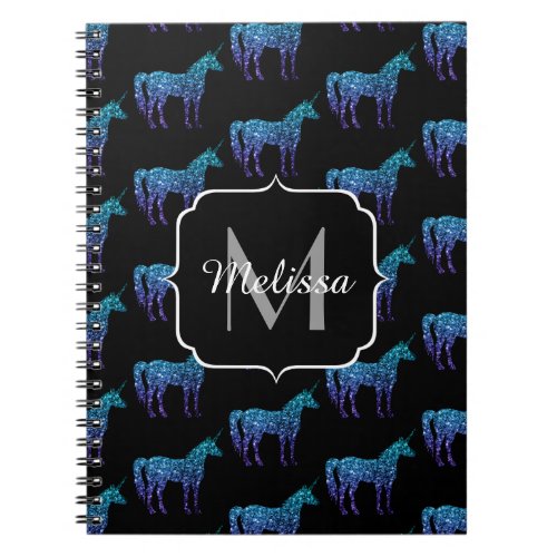 Unicorn Sparkles aqua blue ombre pattern Monogram Notebook