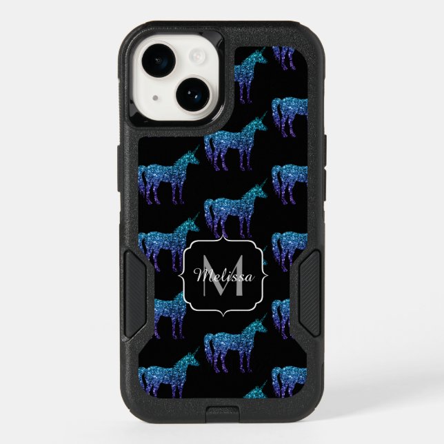 Unicorn Sparkles aqua blue ombre pattern Monogram Otterbox iPhone Case (Back)