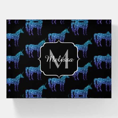 Unicorn Sparkles aqua blue ombre pattern Monogram Paperweight
