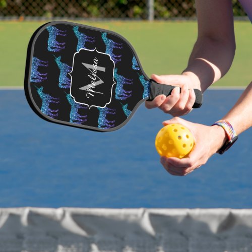 Unicorn Sparkles aqua blue ombre pattern Monogram Pickleball Paddle