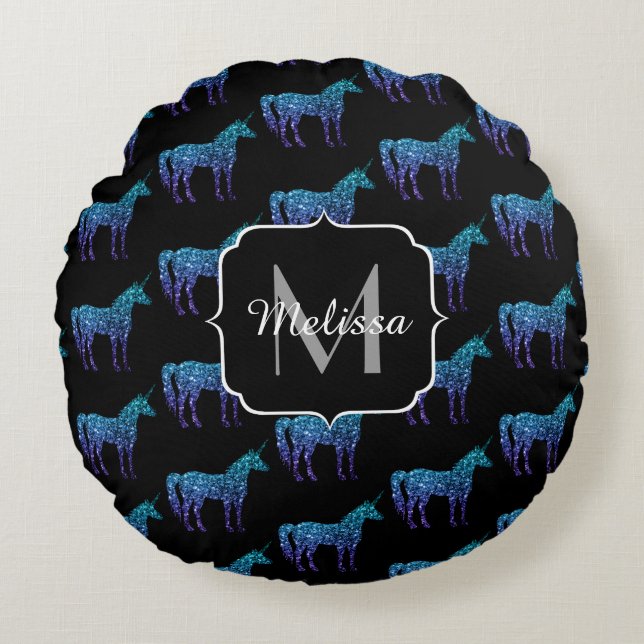 Unicorn Sparkles aqua blue ombre pattern Monogram Round Pillow (Front)