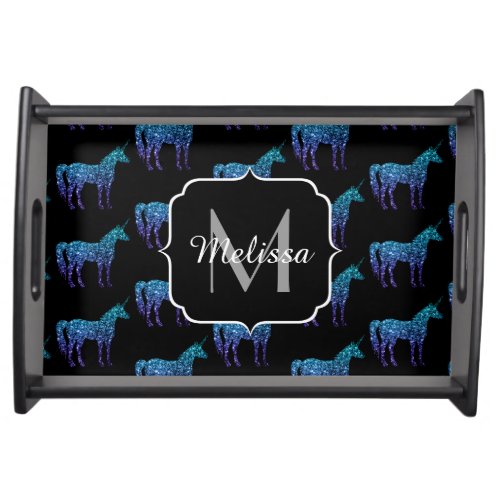 Unicorn Sparkles aqua blue ombre pattern Monogram Serving Tray