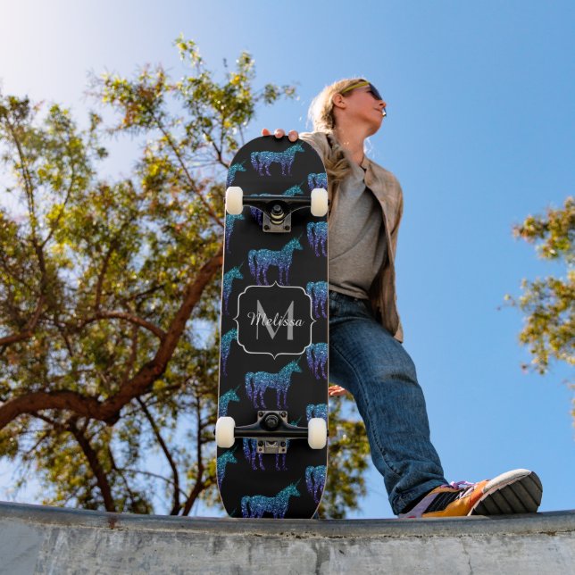 Unicorn Sparkles aqua blue ombre pattern Monogram Skateboard (Outdoor 1)