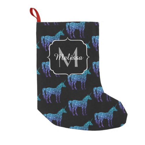 Unicorn Sparkles aqua blue ombre pattern Monogram Small Christmas Stocking