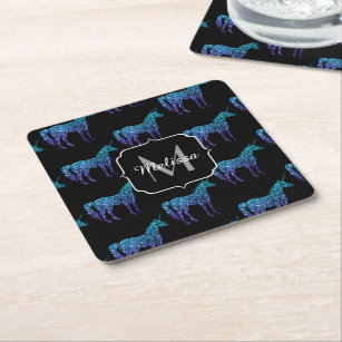Unicorn Sparkles aqua blue ombre pattern Monogram Square Paper Coaster