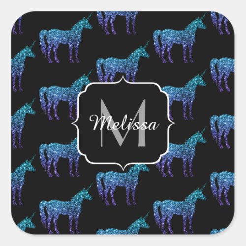 Unicorn Sparkles aqua blue ombre pattern Monogram Square Sticker