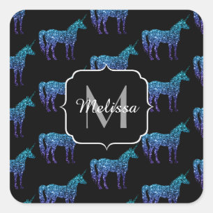 Unicorn Sparkles aqua blue ombre pattern Monogram Square Sticker