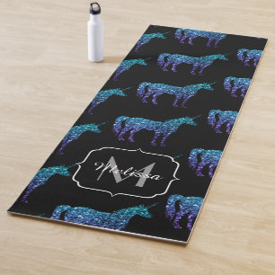 Unicorn Sparkles aqua blue ombre pattern Monogram Yoga Mat