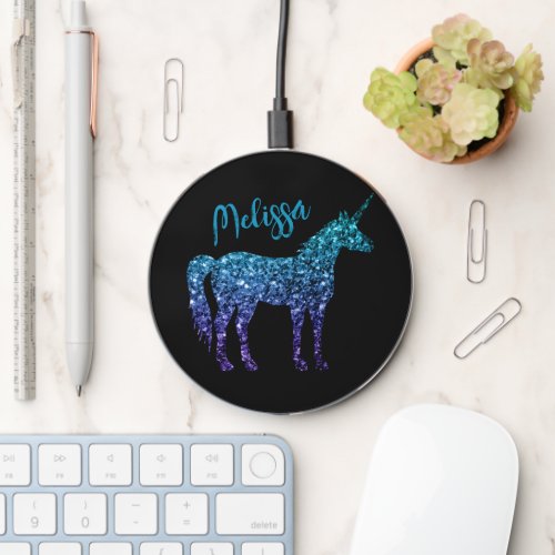 Unicorn Sparkles aqua blue ombre Your name black Wireless Charger