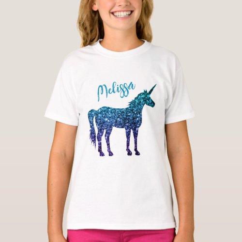 Unicorn Sparkles aqua blue ombre Your name T_Shirt