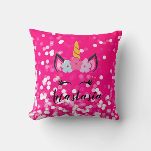 Unicorn Sparkles Personalized Pillow Hot Pink