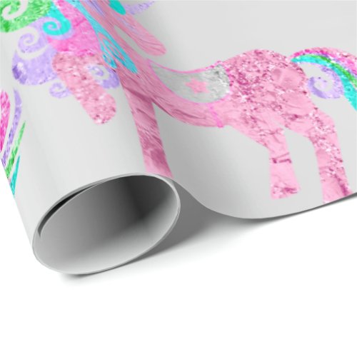 Unicorn Sparkly Glitter Pink Fairly Silver Metal Wrapping Paper