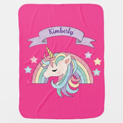 Unicorn  Sparkly Rainbow Custom Name on Hot Pink Baby Blanket
