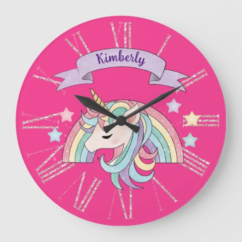 Unicorn  Sparkly Rainbow Custom Name on Hot Pink Large Clock