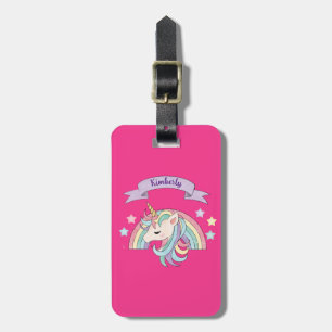 Unicorn & Sparkly Rainbow Custom Name on Hot Pink Luggage Tag