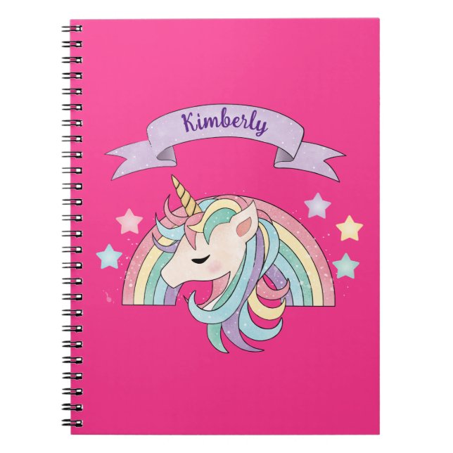Unicorn & Sparkly Rainbow Custom Name on Hot Pink Notebook (Front)
