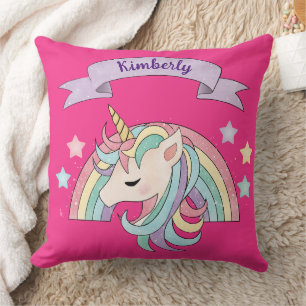 Unicorn & Sparkly Rainbow Custom Name on Hot Pink Throw Pillow