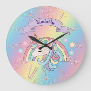 Unicorn & Sparkly Rainbow Gold Glitter Custom Name Large Clock
