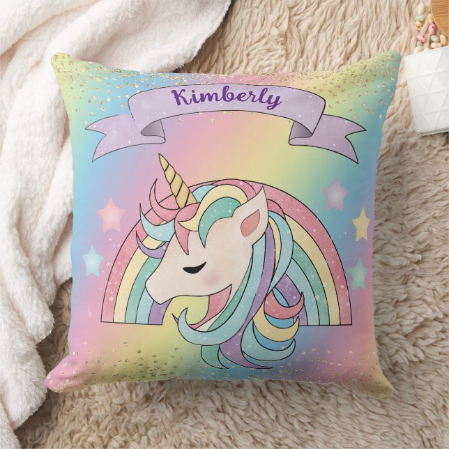 Unicorn & Sparkly Rainbow Gold Glitter Custom Name Throw Pillow (Blanket)
