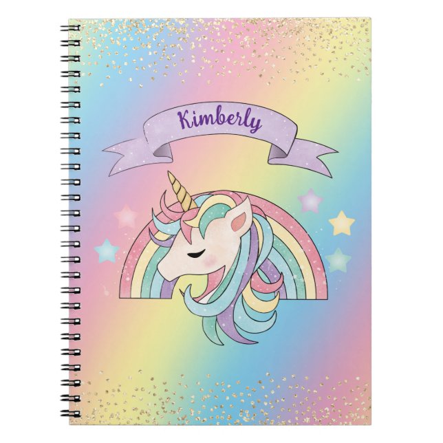 Unicorn & Sparkly Rainbow with Gold Glitter Notebook (Front)