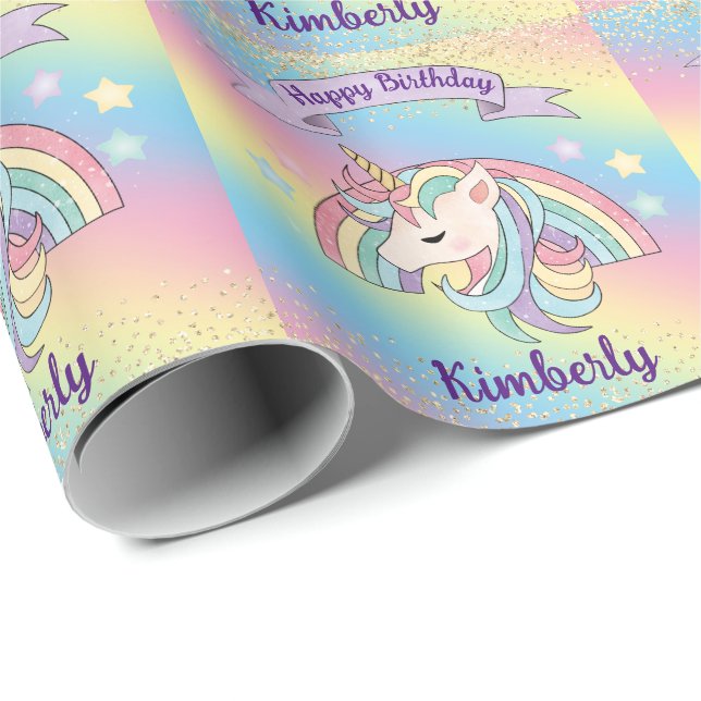 Unicorn & Sparkly Rainbow with Gold Glitter Wrapping Paper (Roll Corner)