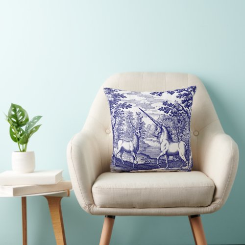 Unicorn  Stag Blue  White Throw Pillow