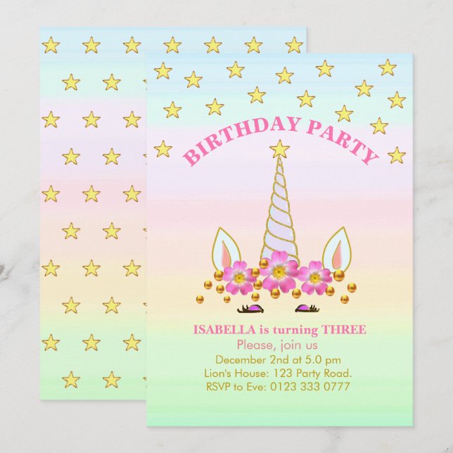 Unicorn, Stars, Flowers and Confetti Birthday Invitation (Front/Back)