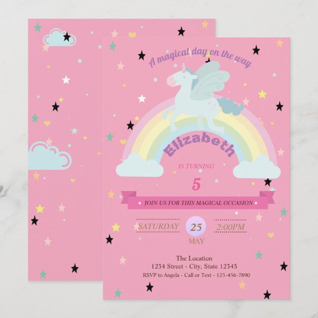 Unicorn, Stars Rainbow  Birthday Invitation (Front/Back)