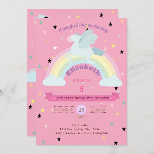 Unicorn Stars Rainbow  Birthday Invitation