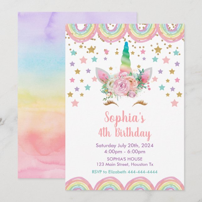 Unicorn stars rainbow Birthday Invitation (Front/Back)