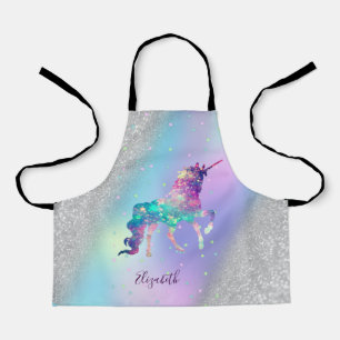 Unicorn, Stars,Silver Glitter Bokeh Holographic Apron