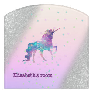 Unicorn, Stars,Silver Glitter Bokeh - Personalized Door Sign