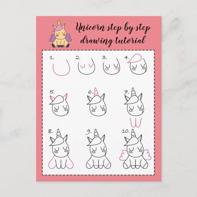 Unicorn step by step drawing tutorial postcard (Front)