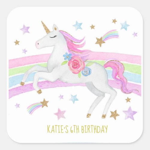 Unicorn sticker birthday party rainbow square